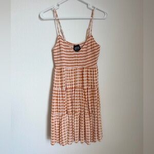 Light Orange Gingham Tiered Spaghetti-Strap Dress